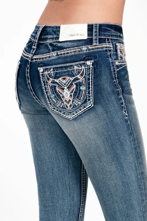 Grace In LA Women's Steer Head Colorful Embroidered Mid Rise Embellished Bootcut Jeans