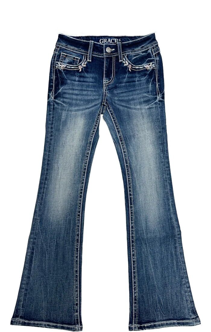 Grace In LA Girl's Floral Embroidery Faux Flap Bootcut Jean