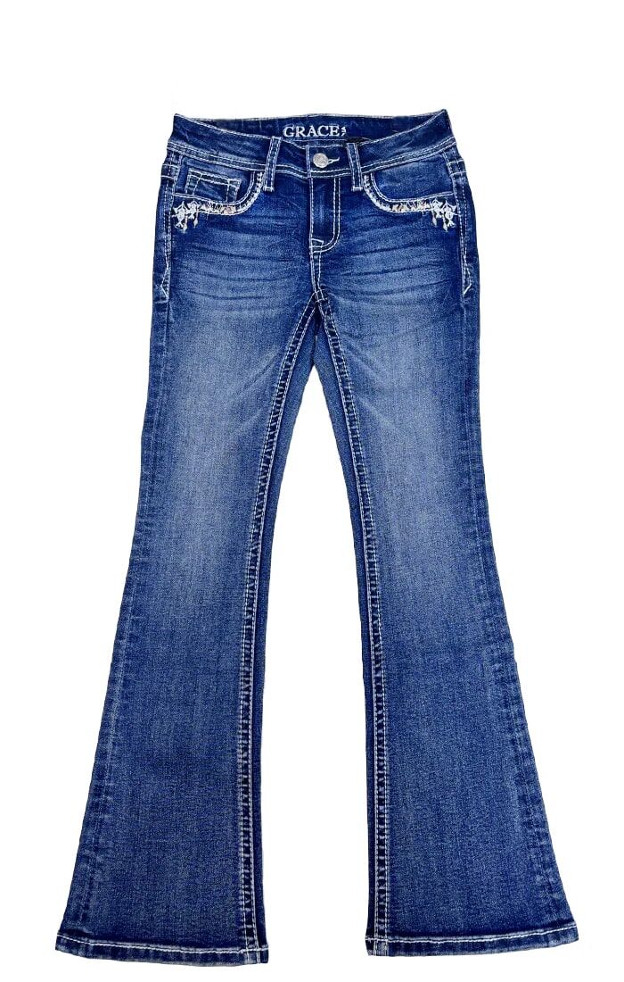 Grace In LA Girl's Horseshoe Embroidery Faux Flap Bootcut Jean