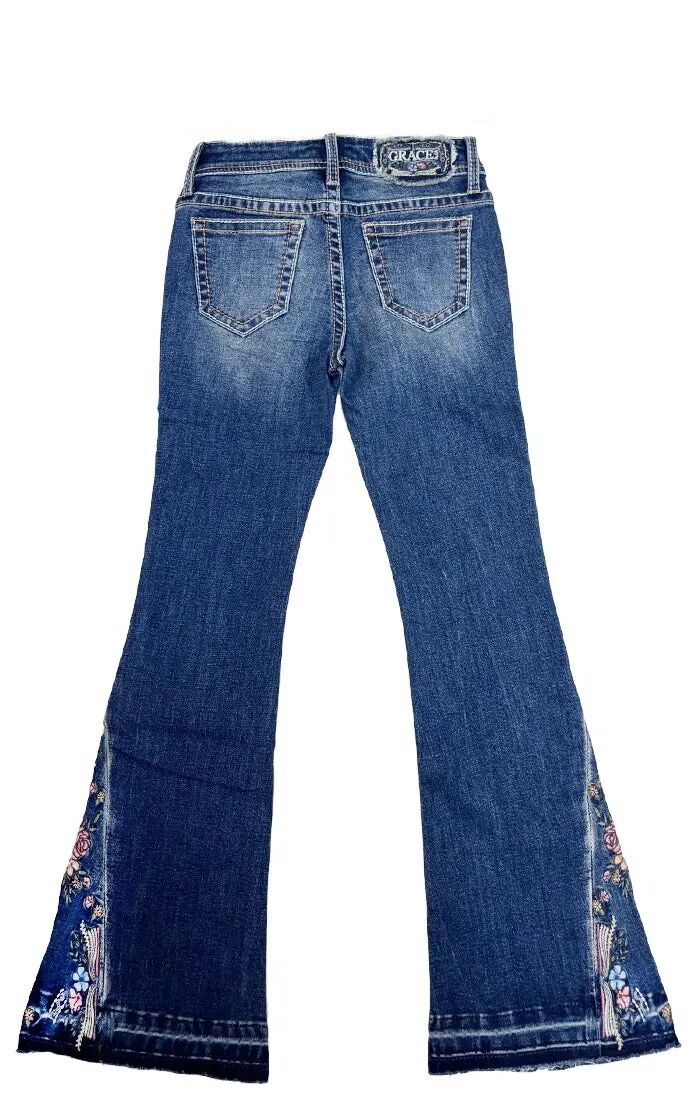 Grace In LA Girl's Butterflies Floral Embroidery On Hem Boho Girls Flare Jean