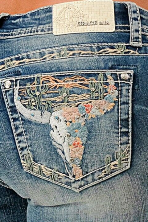 Grace in LA Girl's Steer Head Embroidery Mid Rise Bootcut Jean