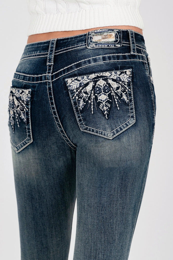 Grace In LA Girl's Western Feathers Mid Rise Embellished Bootcut Jean