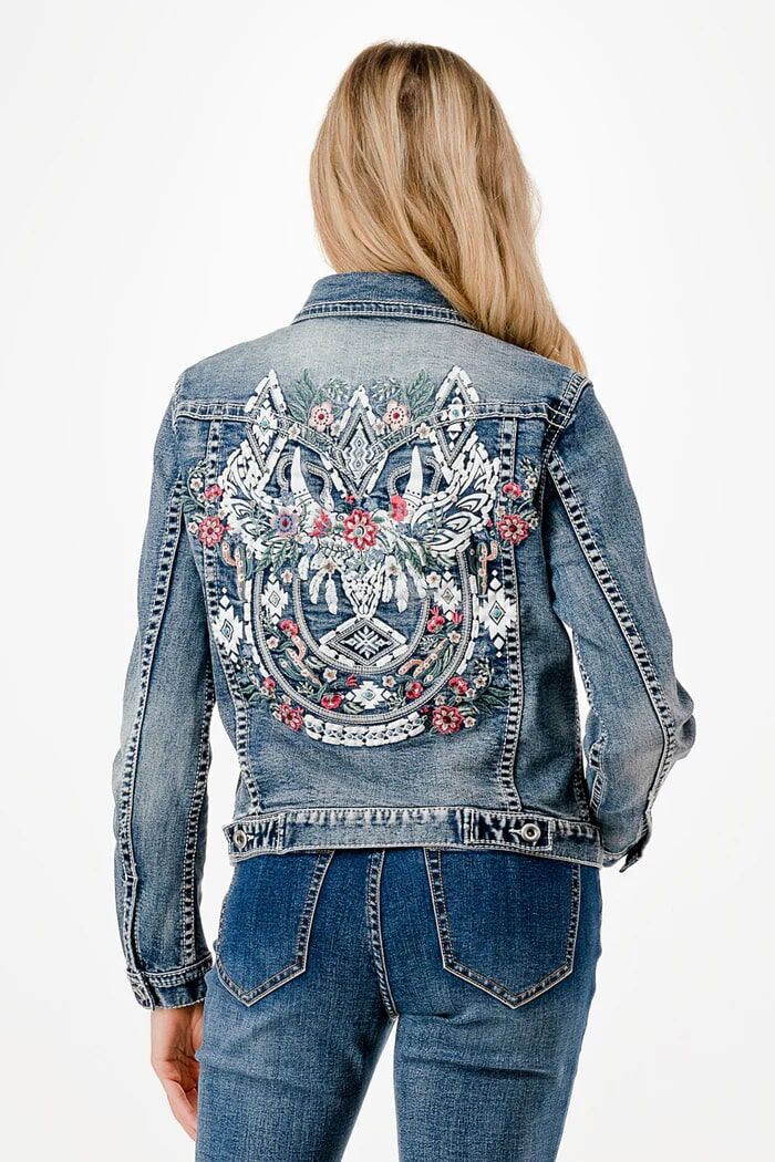 Grace In LA women's Spring Flowers Embroidered Denim Jacket in Medium Wash
