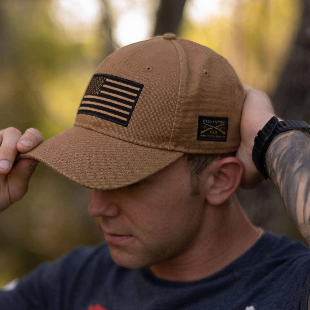 Grunt Style Men's Embroidered American Flag Hat in Brown