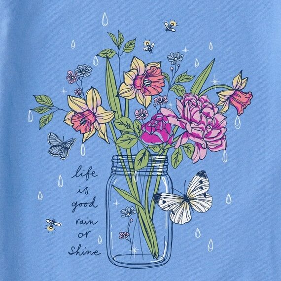 Life Is Good Women's Rain Or Shine Jar Flowers Short Sleeve T-Shirt in Cornflower Blue