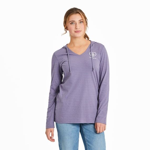 Life Is Good Women's Pet Paw Heart Long Sleeve Striped Crusher-LITE Hooded T-Shirt
