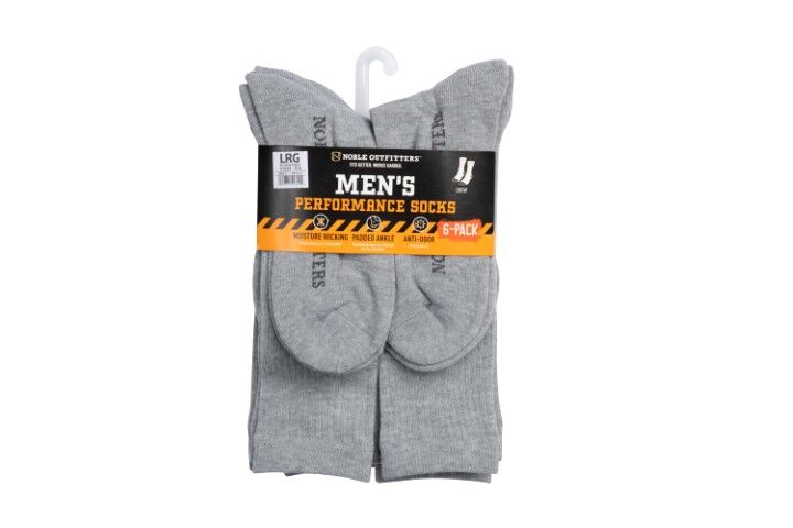 Noble Outfitters Men's Performance Crew Sock 6-Pk in Heather Grey