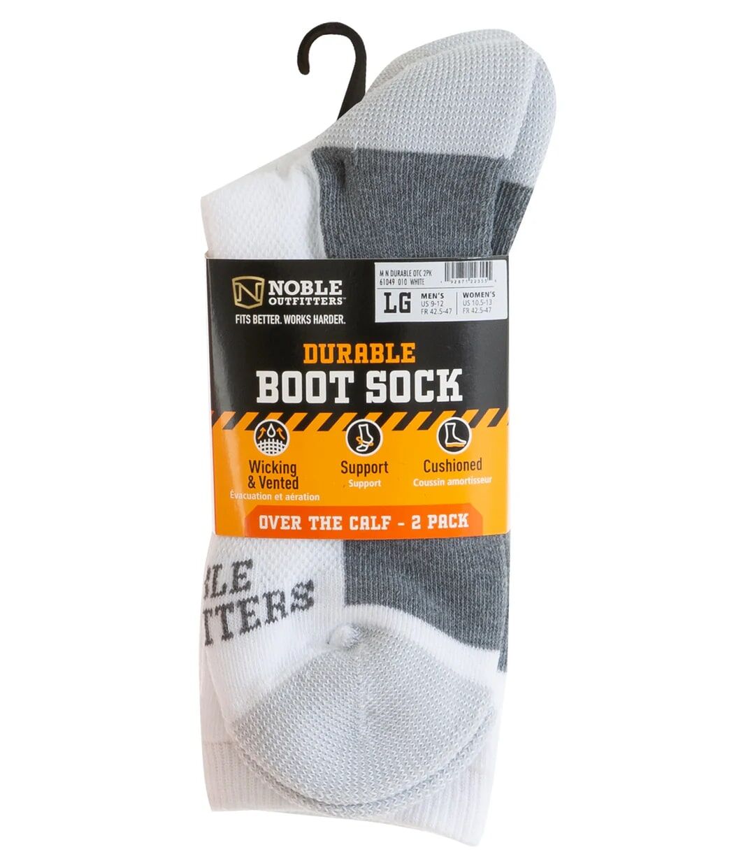 Noble Outfitters Men's Durable Crew Boot Sock 2-Pk in White