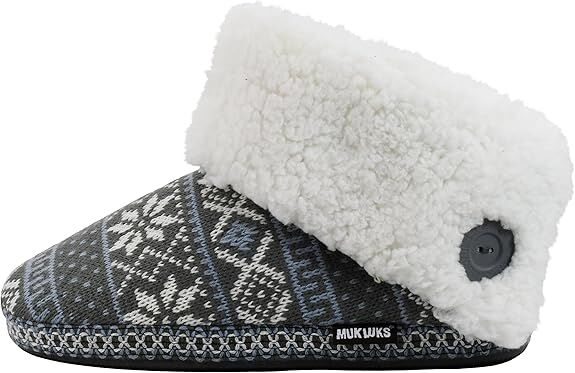 Muk Luks Women's Melinda Bootie Slipper in Grey Snowflake