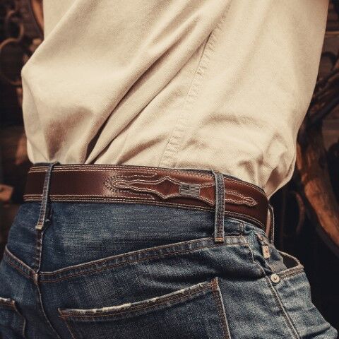 AndWest Men's 1 1/2-In Double Contrast Stitch With American Flag Overlays Belt in Brown