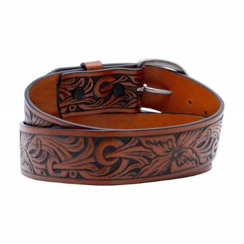 AndWest Men's 1 1/2-In Floral Tooled Belt in Brown