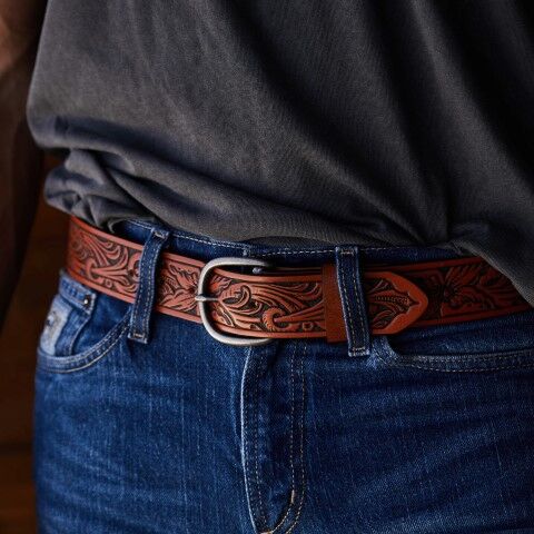 AndWest Men's 1 1/2-In Floral Tooled Belt in Brown