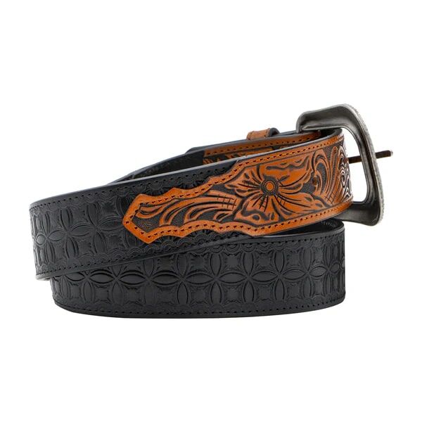 AndWest Men's 1 1/2-In Bi-Colored Tooled With Floral Billets Belt in Black