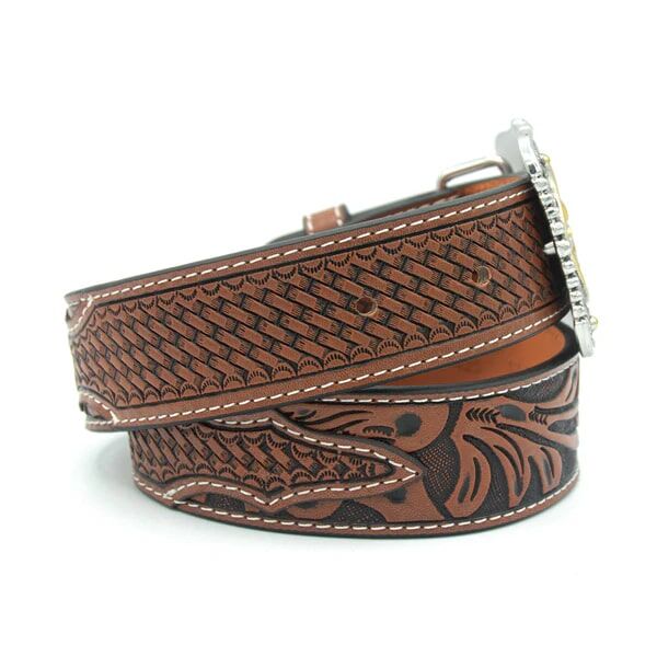 AndWest Kids' 1 1/4-In Square Longhorn Tooled Buckle Belt in Brown