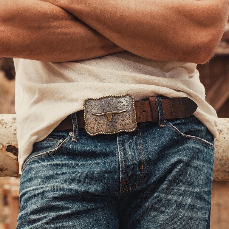AndWest Men's 1 1/2-In Scalloped Longhorn Western Buckle Belt in Brown