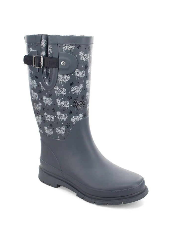 Western Chief Women's Black Sheep Faux Fur Tall Rain Boot in Grey