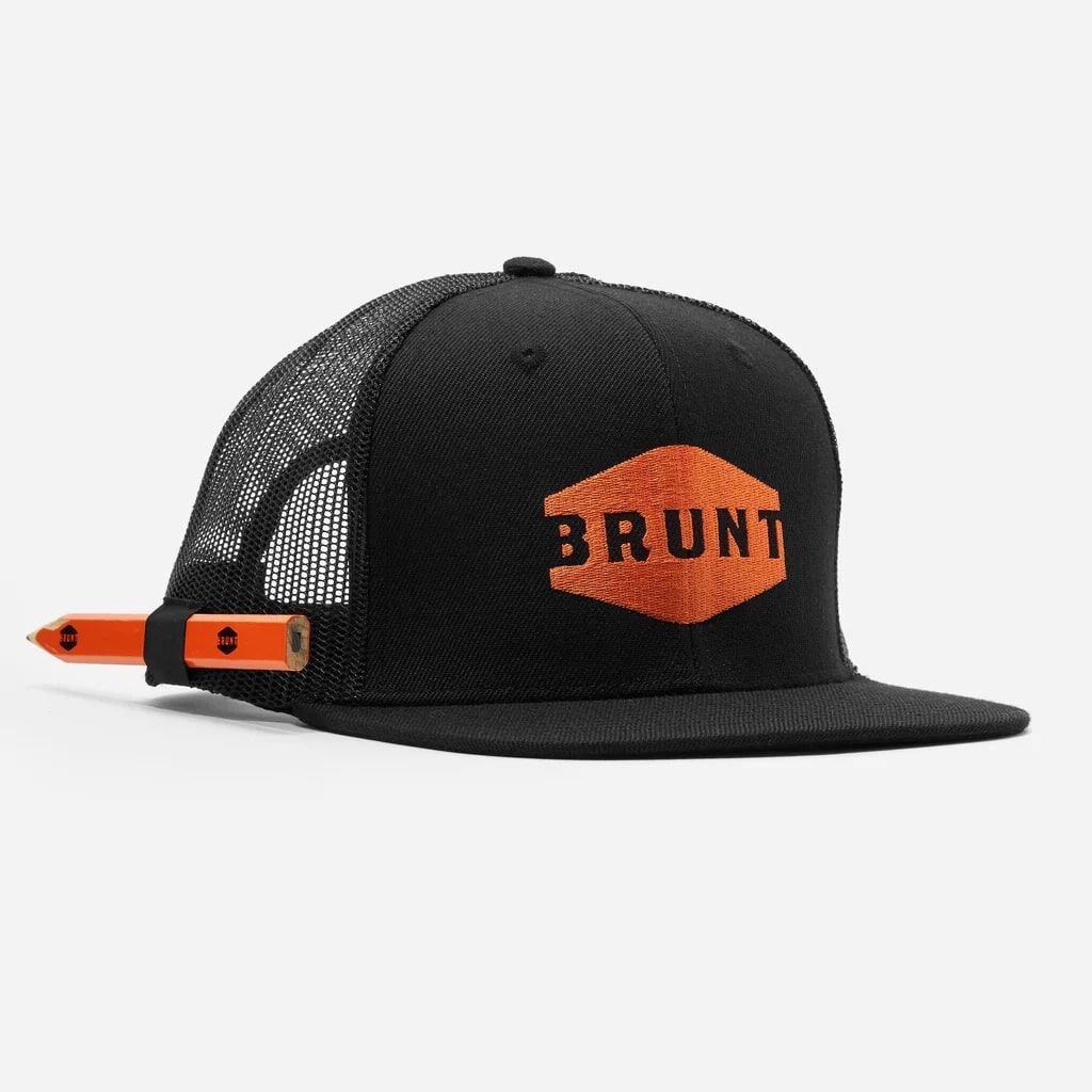 BRUNT Men's Flat Brim Snapback Work Hat With Built In Pencil Holder in Black