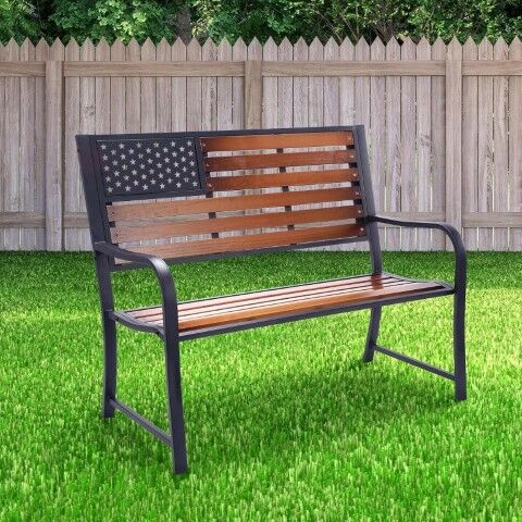 Backyard Expressions Wood American Flag Porch Bench With Metal Frame