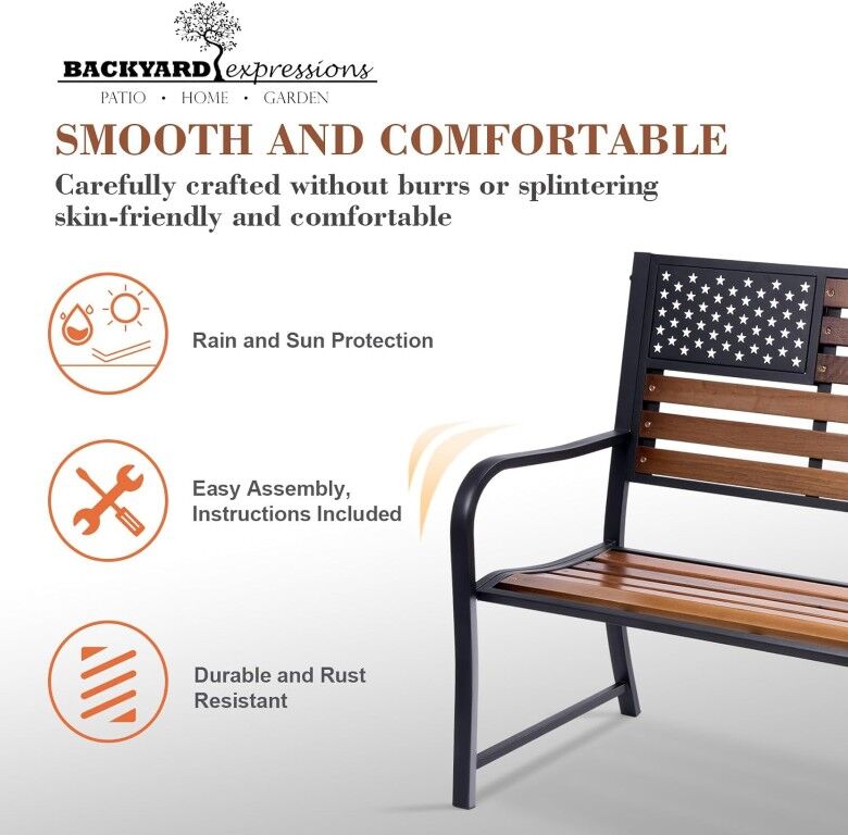 Backyard Expressions Wood American Flag Porch Bench With Metal Frame