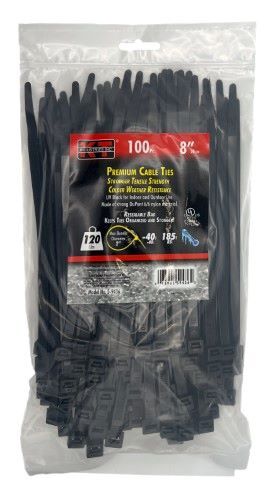 KT Industries UV Black Heavy Duty Premium Cable Ties, 7.9-In, 100-Pk
