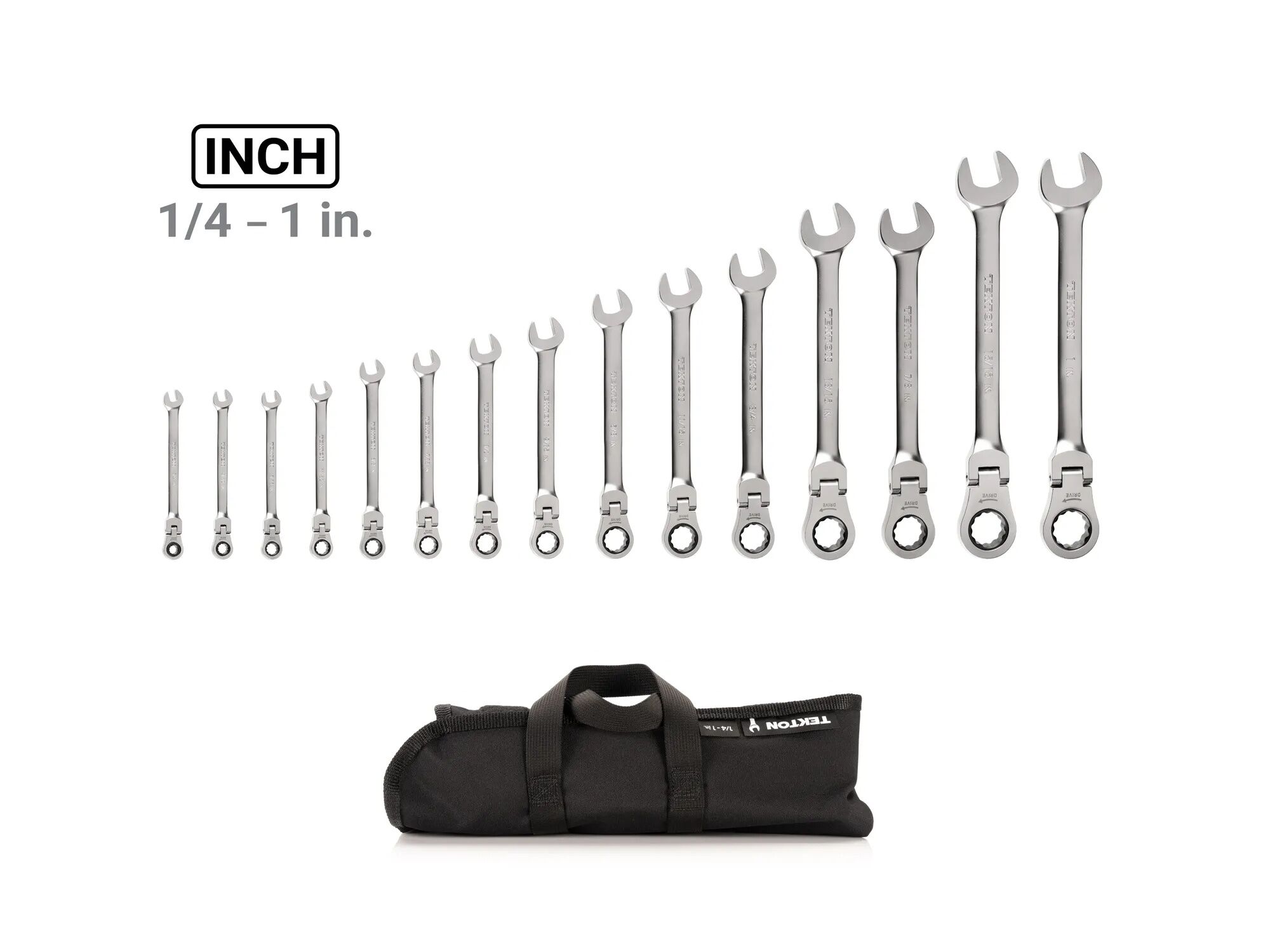 Tekton Flex Head 12-Point Ratcheting 1/4-1-In Combination Wrench Set with Pouch, 15-Pc