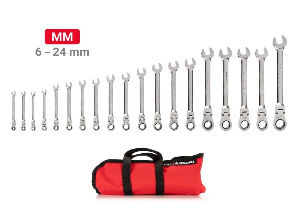 Tekton Flex Head 12-Point 6-24mm Ratcheting Combination Wrench Set with Pouch, 19-Pc