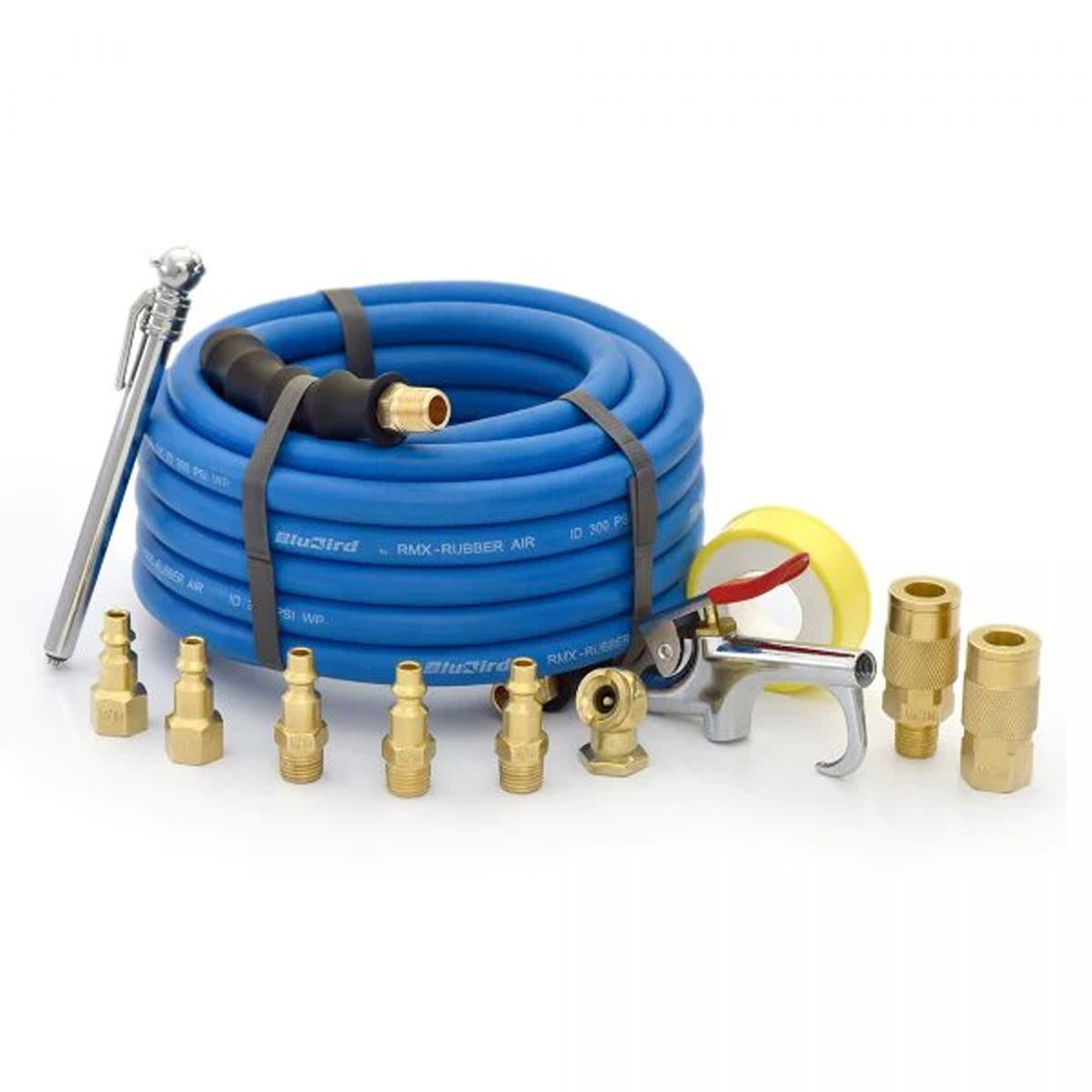 BluBird Rubber Air Hose Assembly with 10-Pc Brass Accessory Kit,  3/8-In x 25-Ft