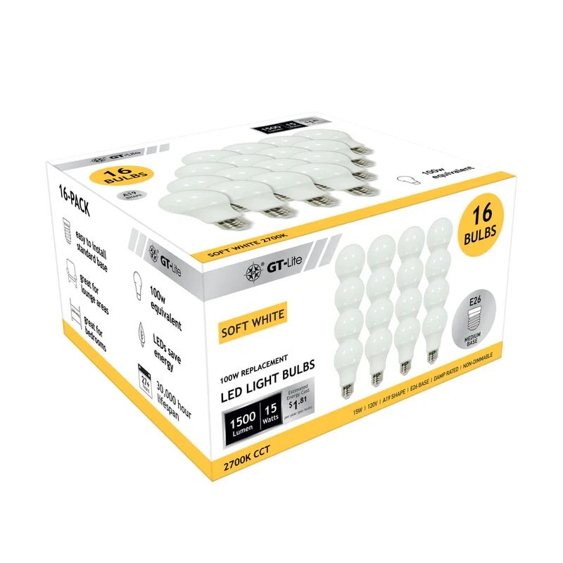 1500 Lumen LED A19 Bulb, 15-Watt, 100-Watt Equivalent E26, 2700K Soft White 16-Pk