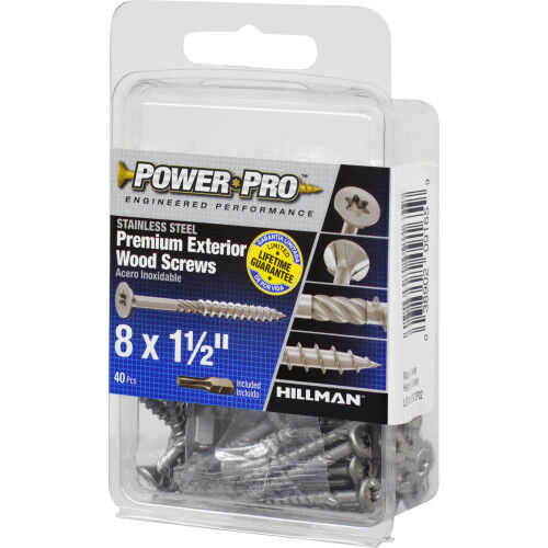Hillman Power Pro Premium 305 Stainless Steel Wood Screws, #8 X 1-1/2-In, 40-Pc