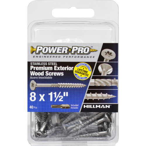 Hillman Power Pro Premium 305 Stainless Steel Wood Screws, #8 X 1-1/2-In, 40-Pc