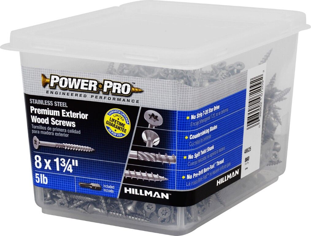 Hillman Power Pro Premium 305 Stainless Steel Wood Screws, #8 x 1 3/4-In, 5-Lb