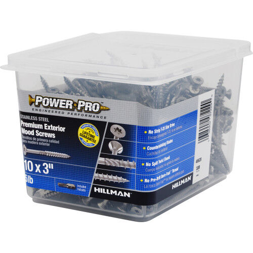 Hillman Power Pro Premium 305 Stainless Steel Wood Screws, #10 X 3-In, 5-Lb Box