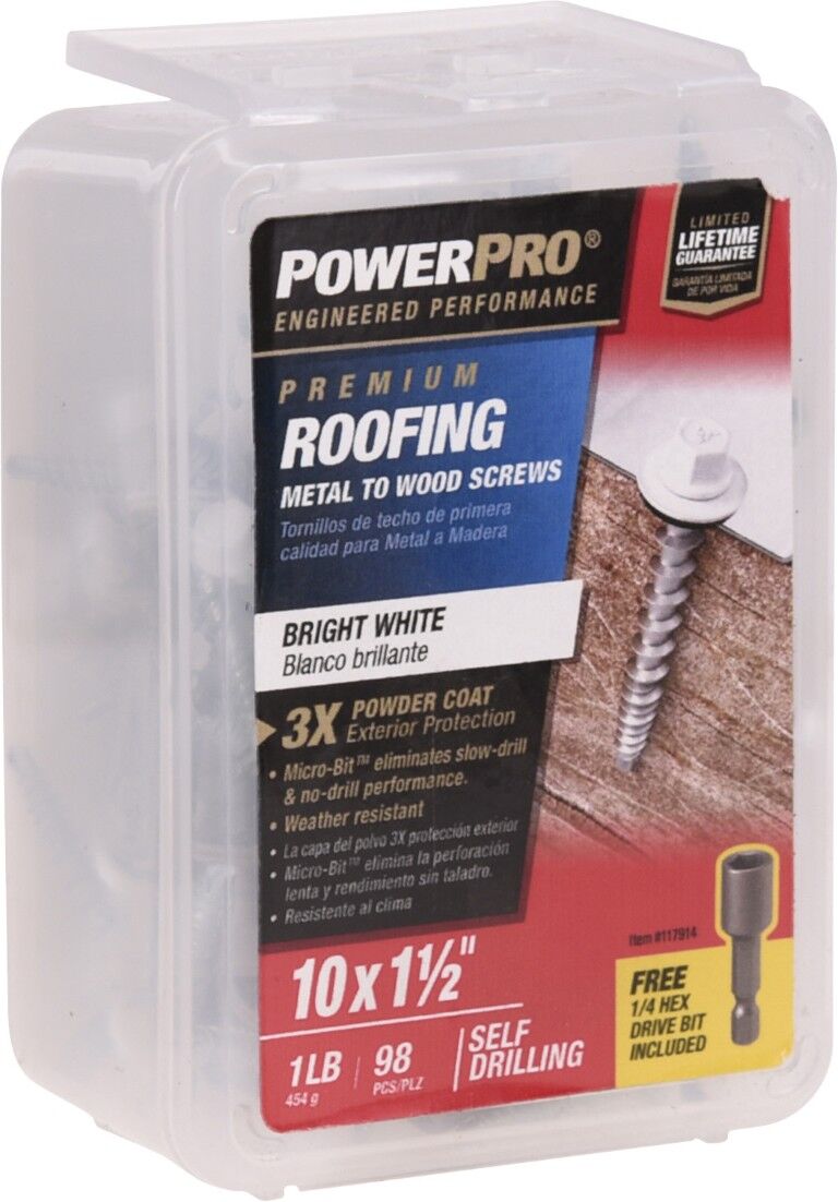 Hillman Power Pro Bright White Self Drilling Metal-to-Wood Roofing Screws, #10 x 1-1/2-In, 98-Pk
