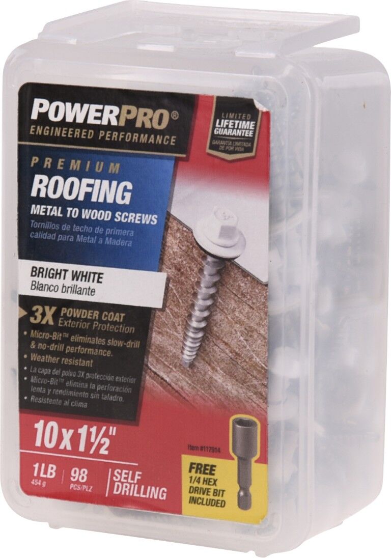 Hillman Power Pro Bright White Self Drilling Metal-to-Wood Roofing Screws, #10 x 1-1/2-In, 98-Pk