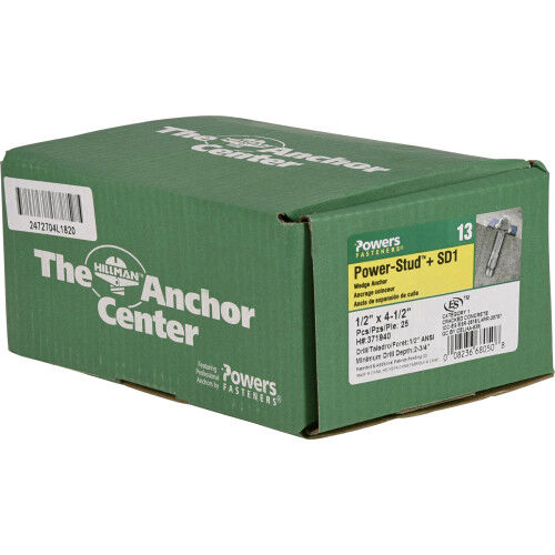 Hillman Zinc Power-Stud+ SD1 Anchors, 1/2-In X 4 1/2-In, 25-Pk