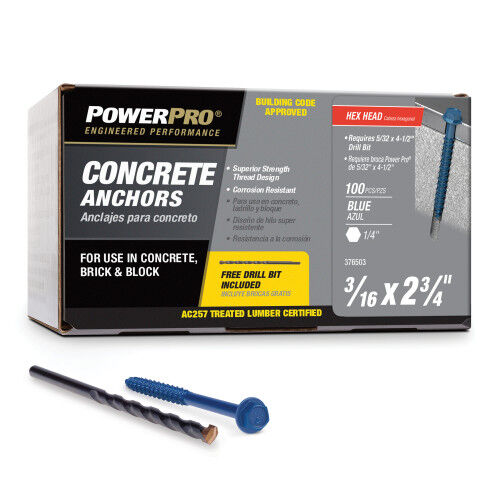 Hillman Power Pro Blue Hex Washer-Head Concrete Screw Anchors, 3/16-In x 2-3/4-In, 100-Pk