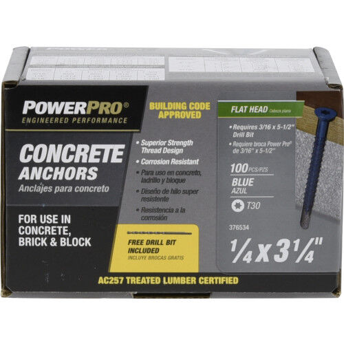 Hillman Power Pro Blue Flat-Head Concrete Screw Anchors, 1/4-In X 3-1/4 In, 100-Pc