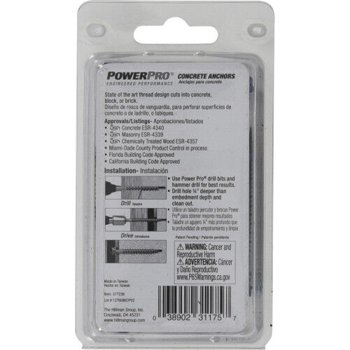 Hillman Power Pro Blue Hex Washer-Head Concrete Screw Anchors, 3/16-In x 2-1/4-In, 20-Pk