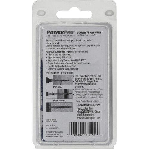 Hillman Power Pro Blue Flat-Head Concrete Screw Anchors, 1/4-In x 1-3/4-In, 18-Pk