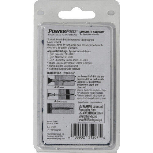 Hillman Power Pro Blue Flat-Head Concrete Screw Anchors, 1/4-In x 2-1/4-In, 15-Pk