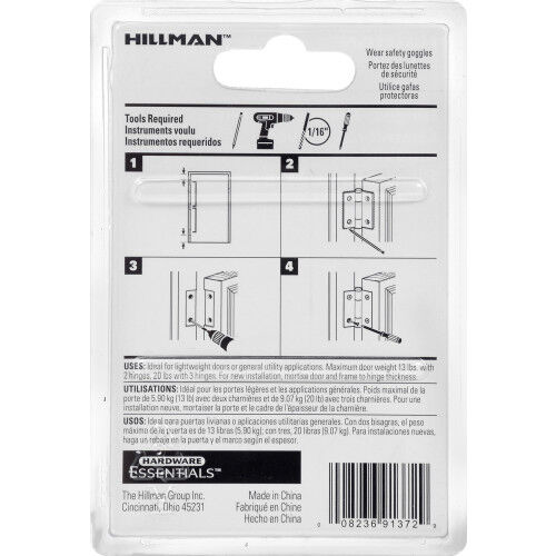 Hillman Hardware Essentials Zinc Light Narrow Door Hinge With Removable Pin, 1-1/2-In, 2-Pk