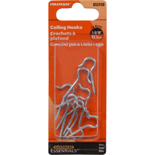 Hillman Hardware Essentials Ceiling Hook Zinc, 0.08-In x 1-5/16-In, 10-Pk