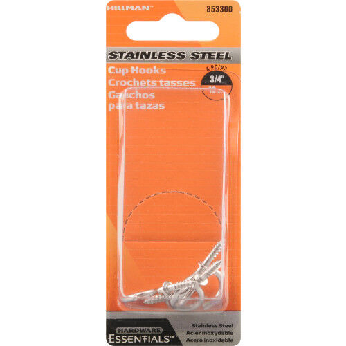 Hillman Hardware Essentials Stainless Steel 3/4-In Cup Hook, 4-Pk