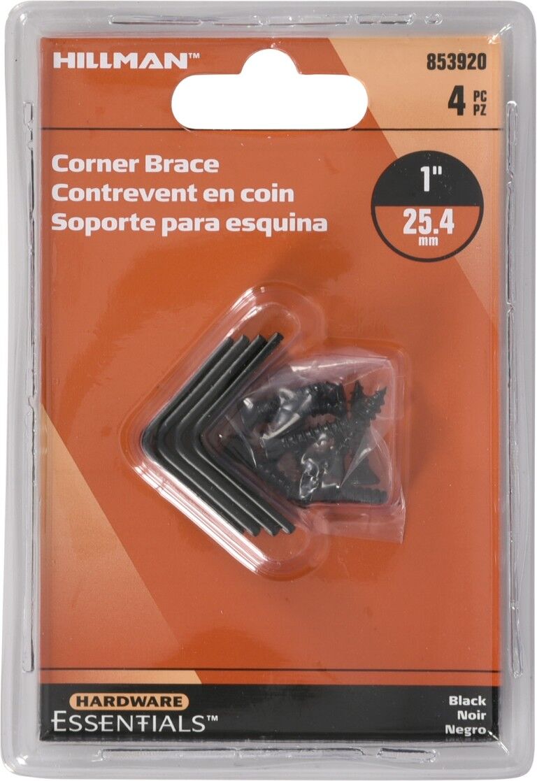 Hillman Hardware Essentials Black Corner Brace, 1-In x 1/2-In, 4-Pk