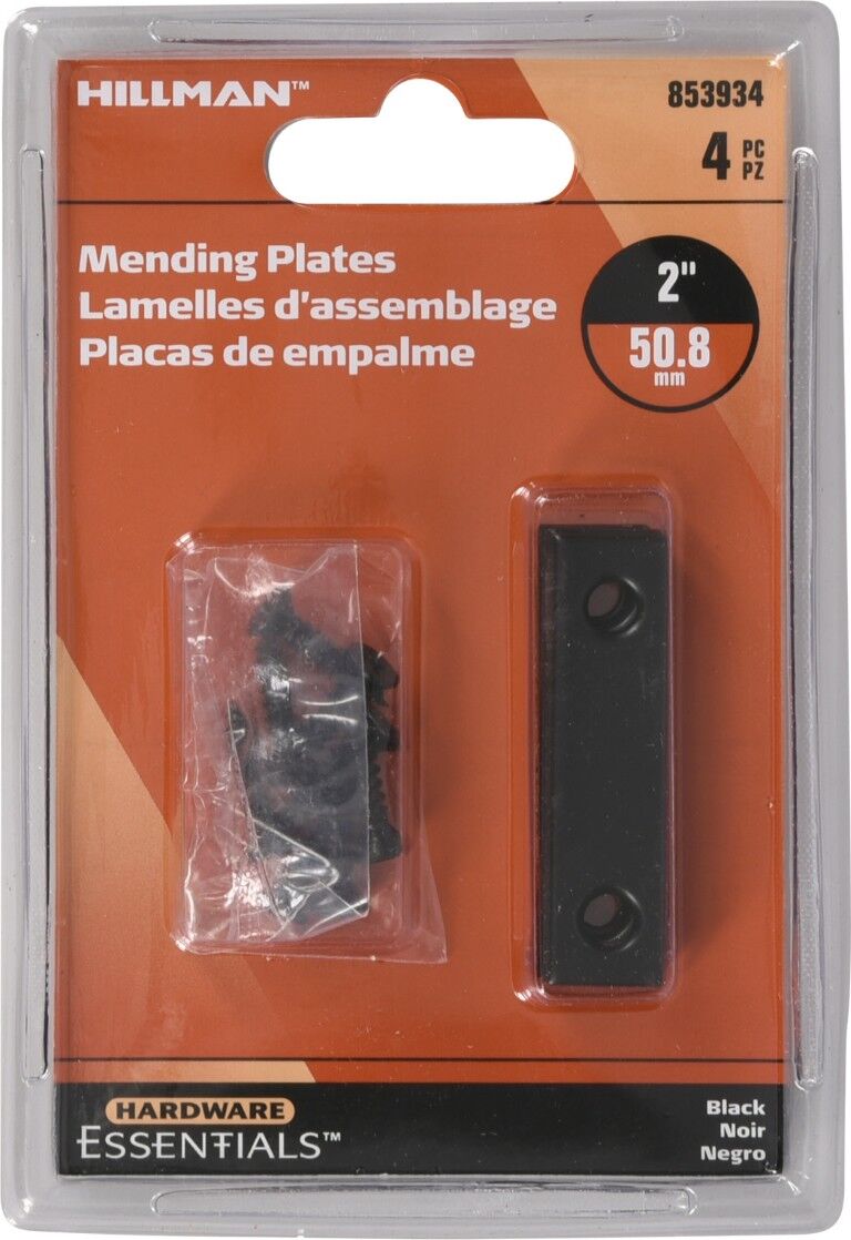 Hillman Hardware Essentials Black Mending Plate, 2-In x 1/2-In, 4-Pk