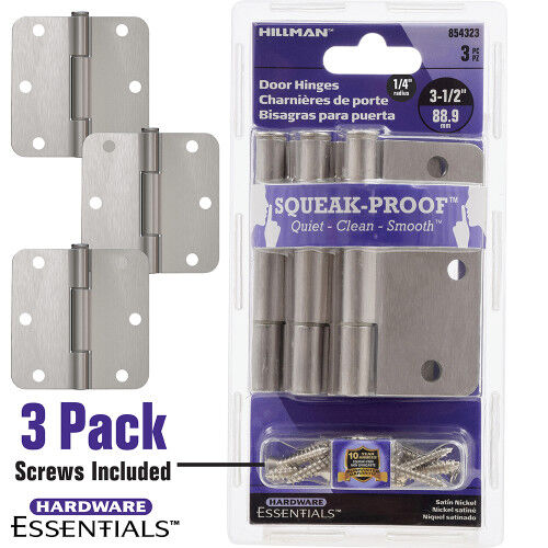 Hillman Hardware Essentials Squeak-Proof Satin Nickel 1/4-In Round Corner Door Hinge, 3-1/2-In, 3-Pk