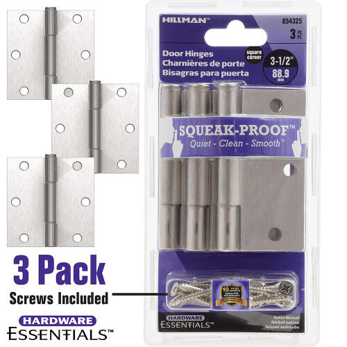 Hillman Hardware Essentials Squeak-Proof 3 1/2-In Nickel Square Corner Door Hinge, 3-Pk