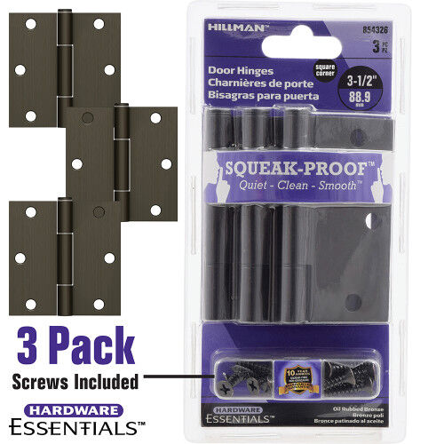 Hillman Hardware Essentials Squeak-Proof Oil Rubbed Bronze Square Corner Door Hinge, 3-1/2-In, 3-Pk