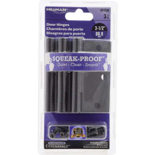 Hillman Hardware Essentials Squeak-Proof Oil Rubbed Bronze Square Corner Door Hinge, 3-1/2-In, 3-Pk