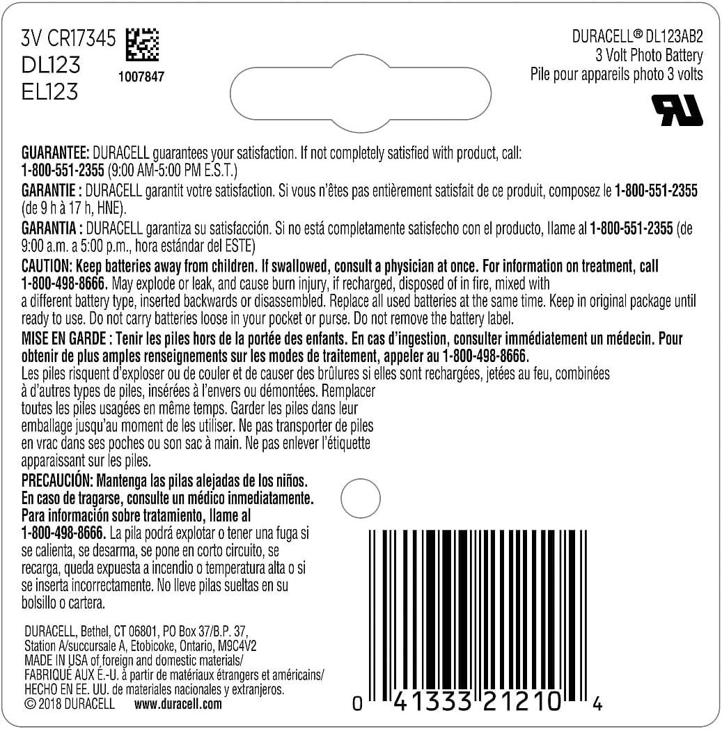 Duracell 123 3-V Ultra Lithium Battery, 2-Pk